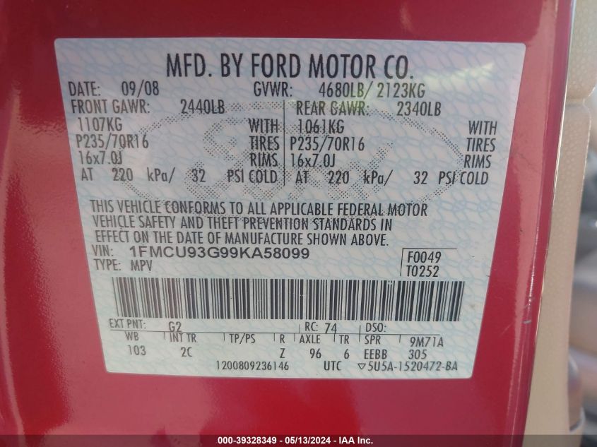 2009 Ford Escape Xlt VIN: 1FMCU93G99KA58099 Lot: 39328349