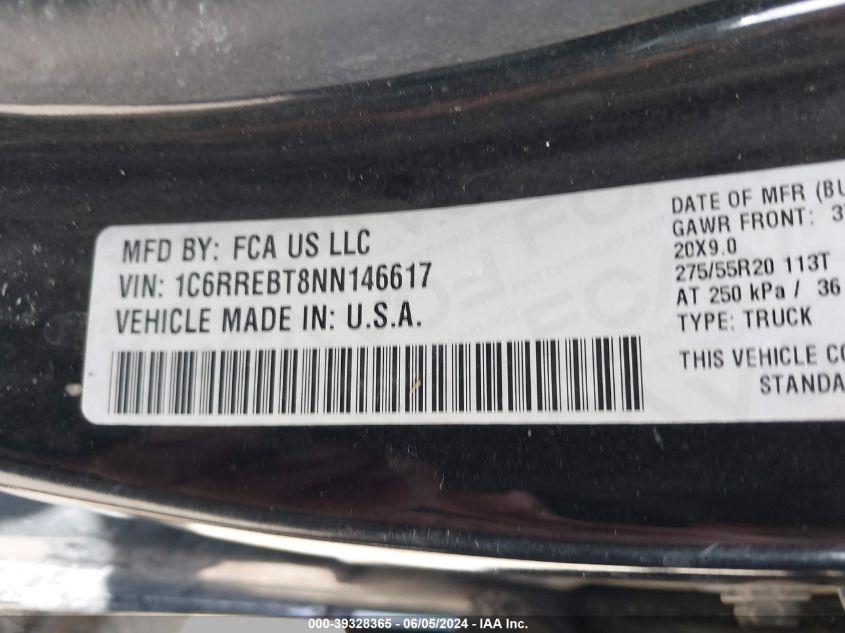 2022 Ram 1500 VIN: 1C6RREBT8NN146617 Lot: 39328365