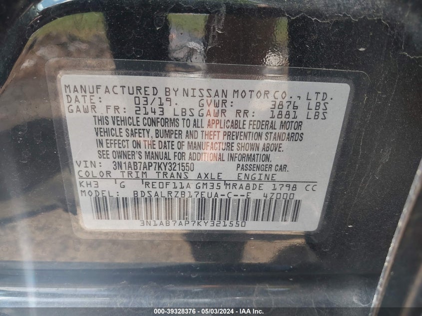 VIN 3N1AB7AP7KY321550 2019 NISSAN SENTRA SR
