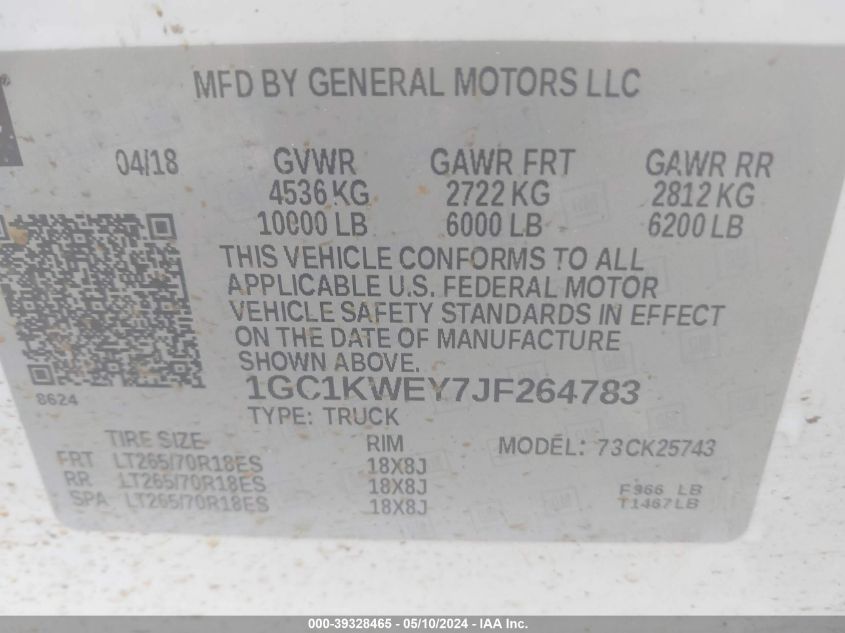 2018 Chevrolet Silverado 2500Hd Ltz VIN: 1GC1KWEY7JF264783 Lot: 39328465