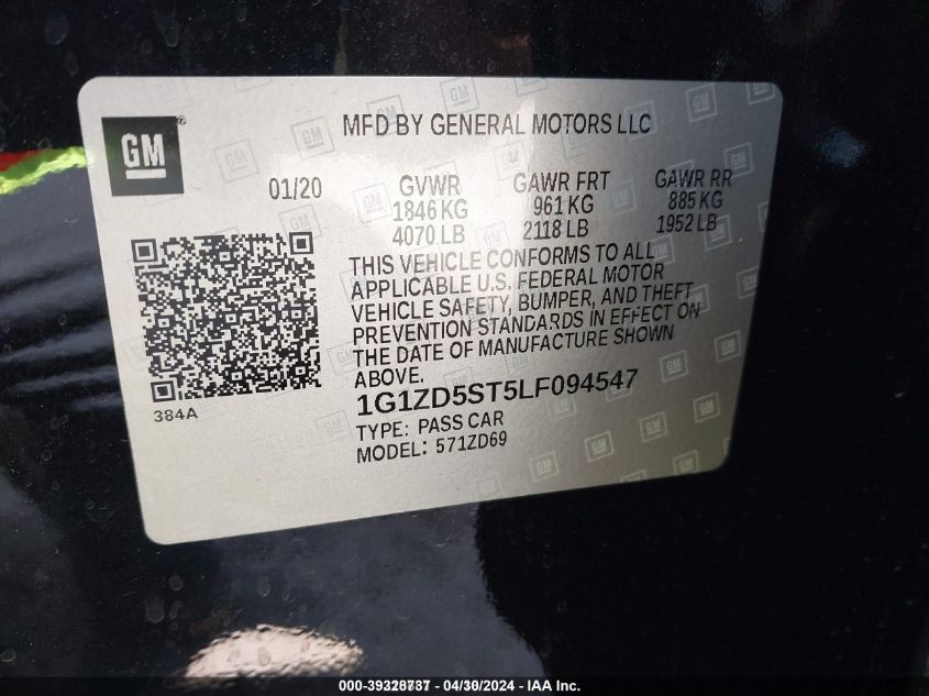 2020 Chevrolet Malibu Fwd Lt VIN: 1G1ZD5ST5LF094547 Lot: 39328737