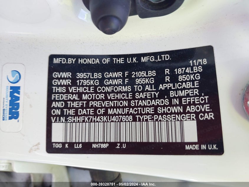 2019 HONDA CIVIC SPORT - SHHFK7H43KU407608