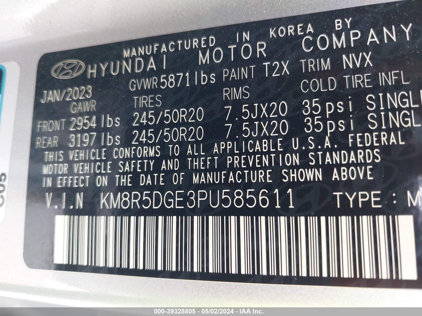 VIN KM8R5DGE3PU585611 2023 HYUNDAI PALISADE LIMITED