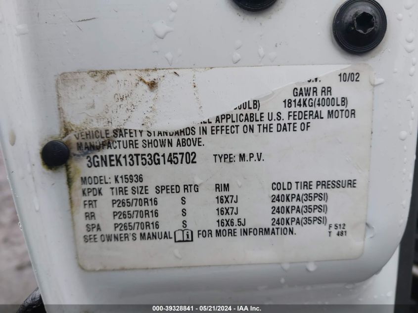 2003 Chevrolet Avalanche 1500 VIN: 3GNEK13T53G145702 Lot: 39328841