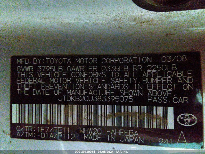 2008 Toyota Prius VIN: JTDKB20U383395075 Lot: 39329054