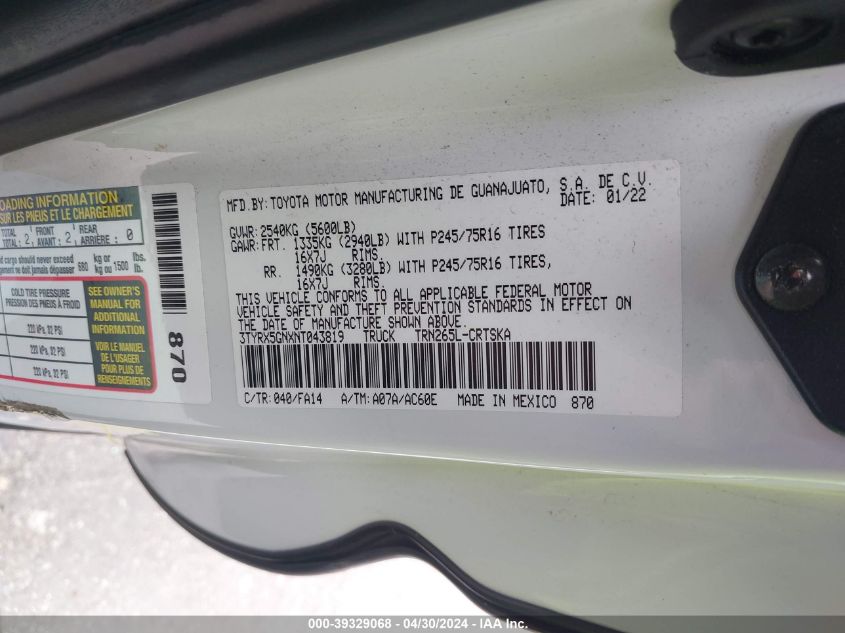 2022 Toyota Tacoma Sr VIN: 3TYRX5GNXNT043819 Lot: 39329068