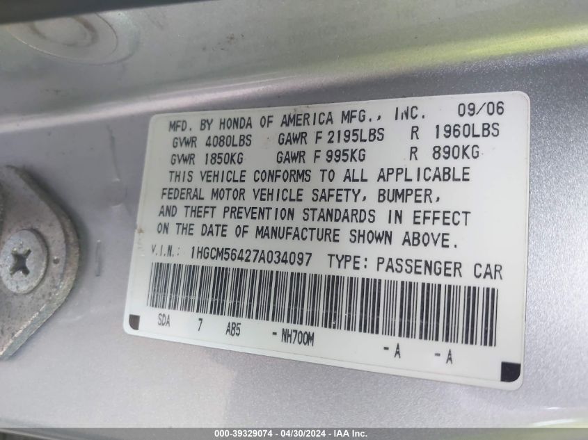 1HGCM56427A034097 | 2007 HONDA ACCORD