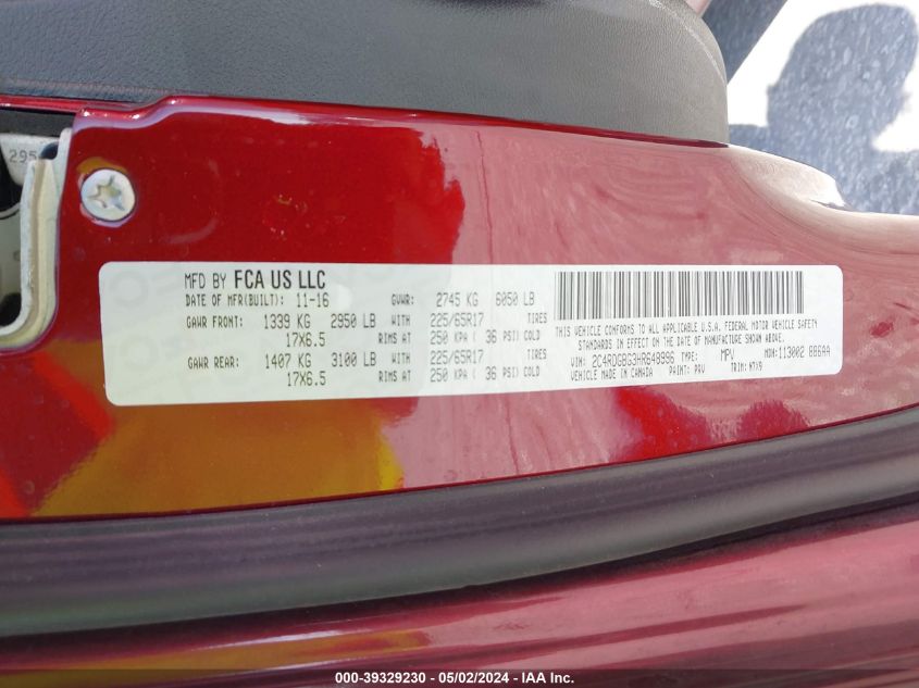 2017 Dodge Grand Caravan Se Plus VIN: 2C4RDGBG3HR648996 Lot: 39329230