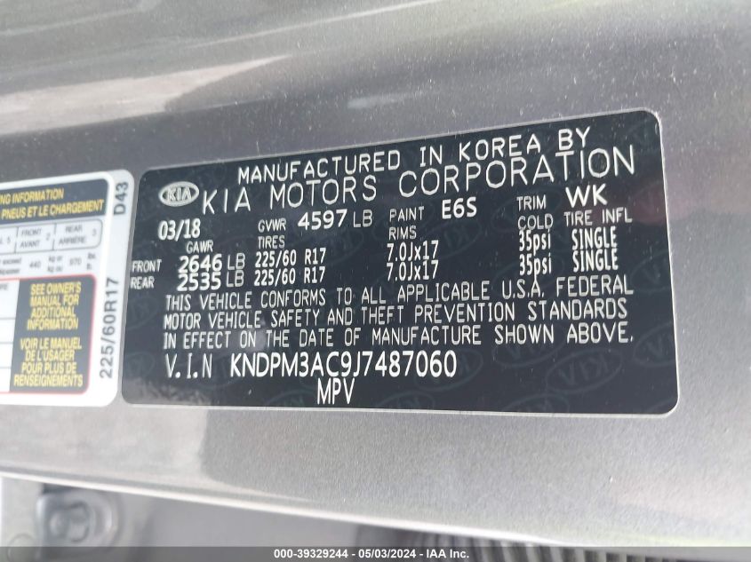 KNDPM3AC9J7487060 2018 Kia Sportage Lx