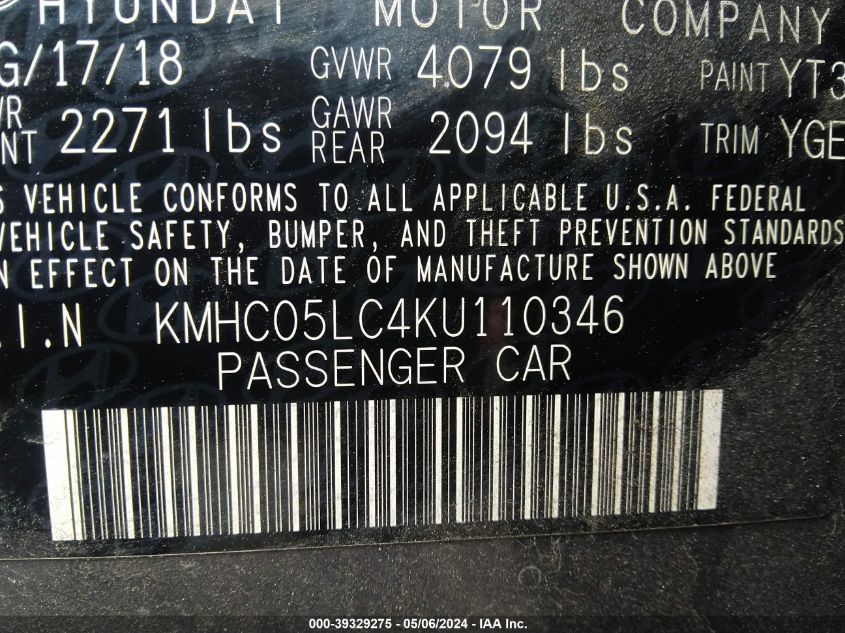 KMHC05LC4KU110346 2019 Hyundai Ioniq Hybrid Limited