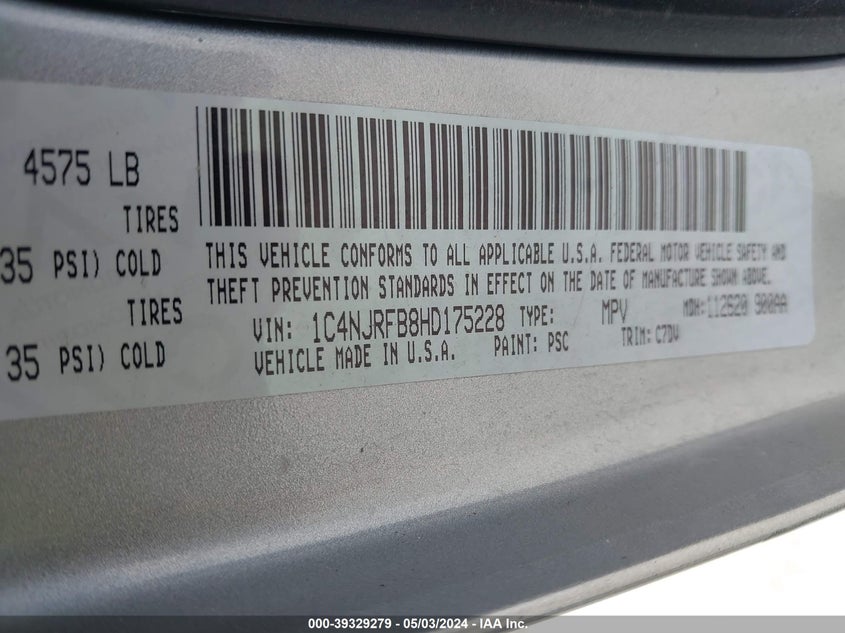 VIN 1C4NJRFB8HD175228 2017 JEEP PATRIOT LATITUDE 4X4