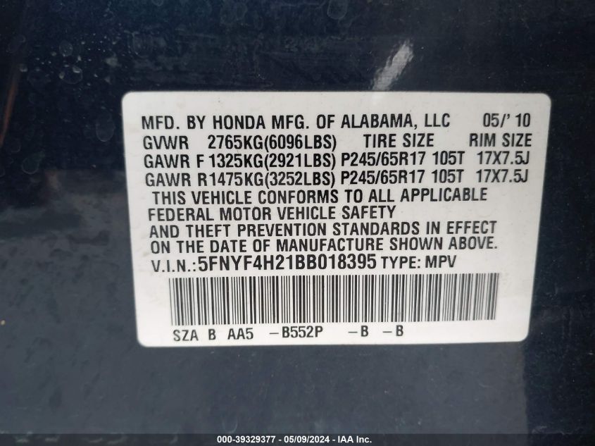 2011 Honda Pilot Lx VIN: 5FNYF4H21BB018395 Lot: 39329377