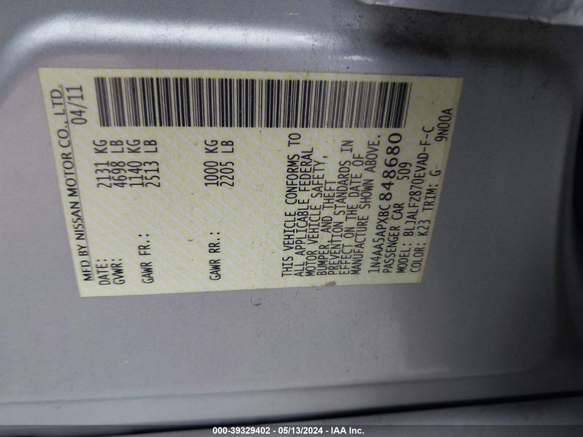 2011 Nissan Maxima 3.5 Sv VIN: 1N4AA5APXBC848680 Lot: 39329402