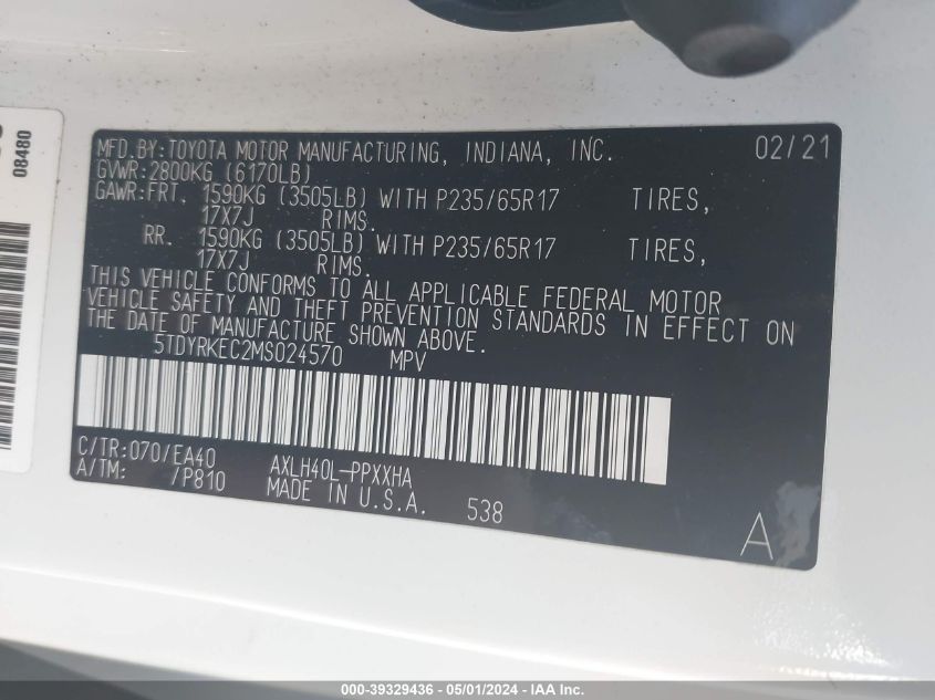 VIN 5TDYRKEC2MS024570 2021 TOYOTA SIENNA no.9