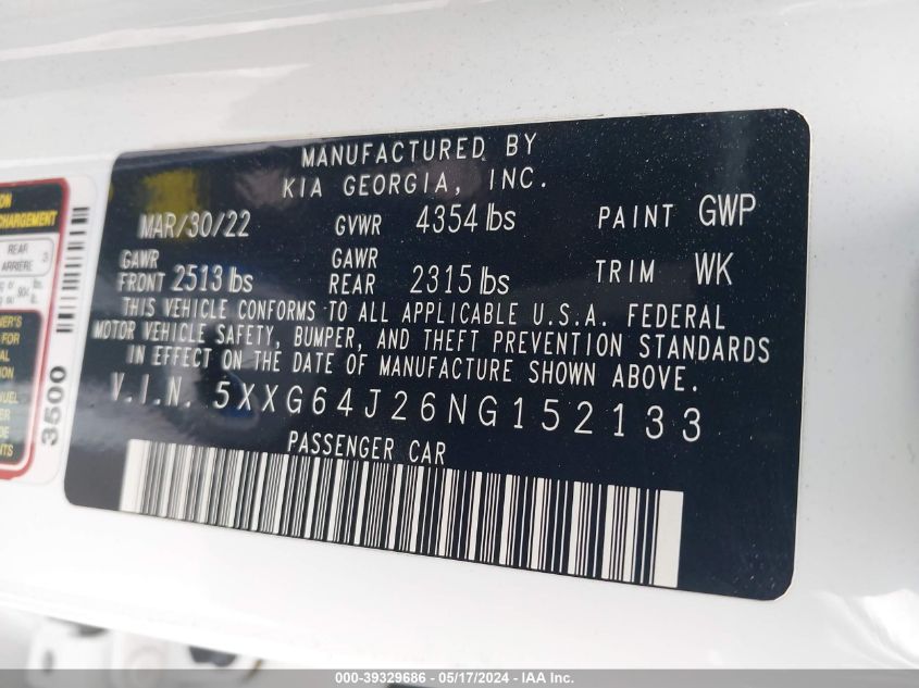 2022 Kia K5 Gt-Line VIN: 5XXG64J26NG152133 Lot: 39329686