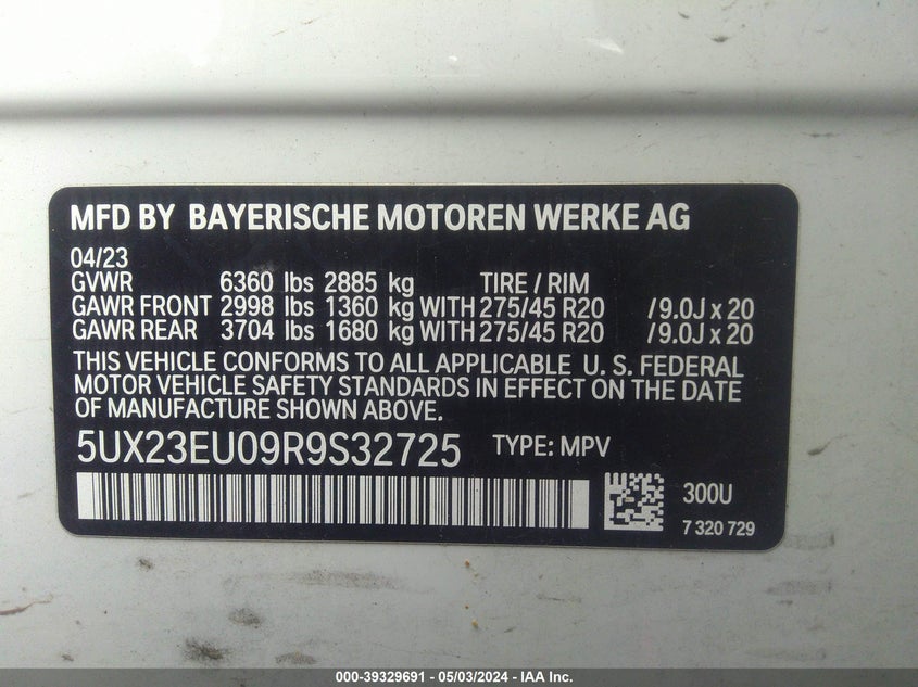 VIN 5UX23EU09R9S32725 2024 BMW X5 XDRIVE40I