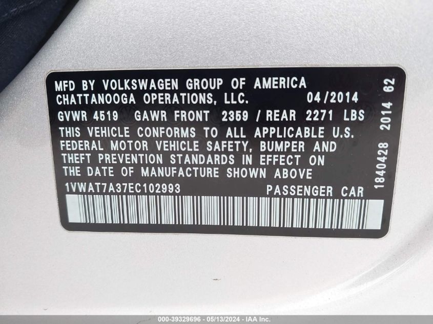 2014 Volkswagen Passat 1.8T Wolfsburg Edition VIN: 1VWAT7A37EC102993 Lot: 39329696