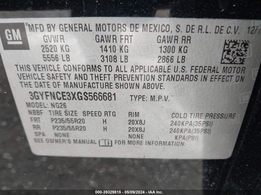 2016 Cadillac Srx Performance Collection VIN: 3GYFNCE3XGS566681 Lot: 39329815