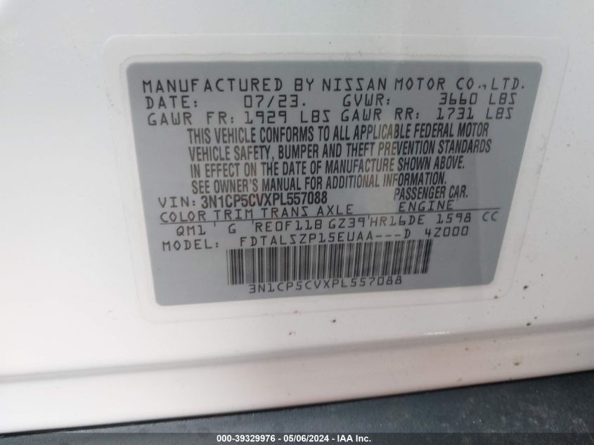 2023 Nissan Kicks Sv Xtronic Cvt VIN: 3N1CP5CVXPL557088 Lot: 39329976