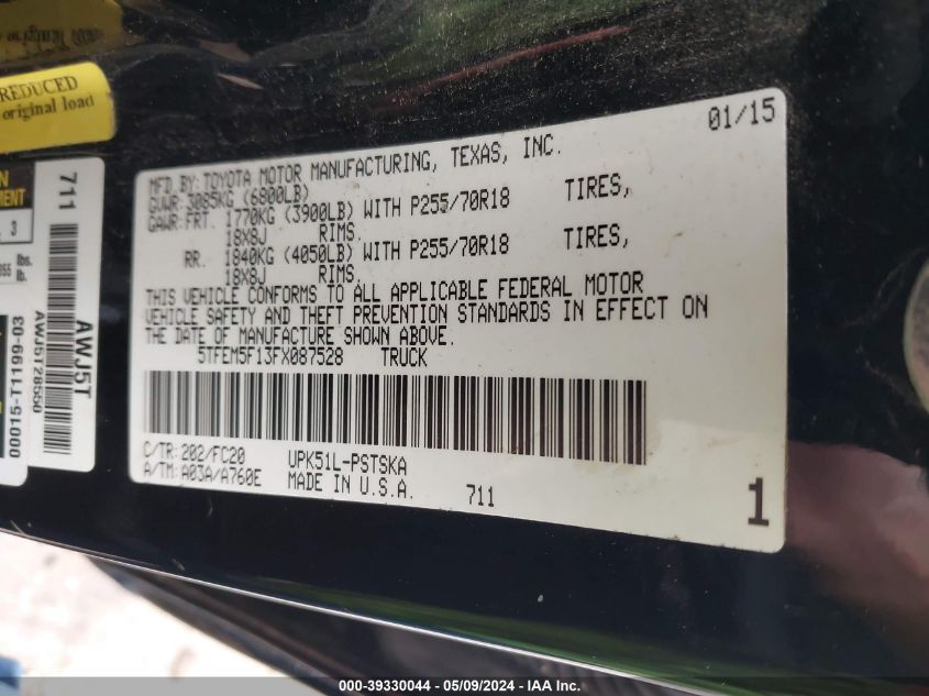 5TFEM5F13FX087528 2015 Toyota Tundra Sr5 4.6L V8