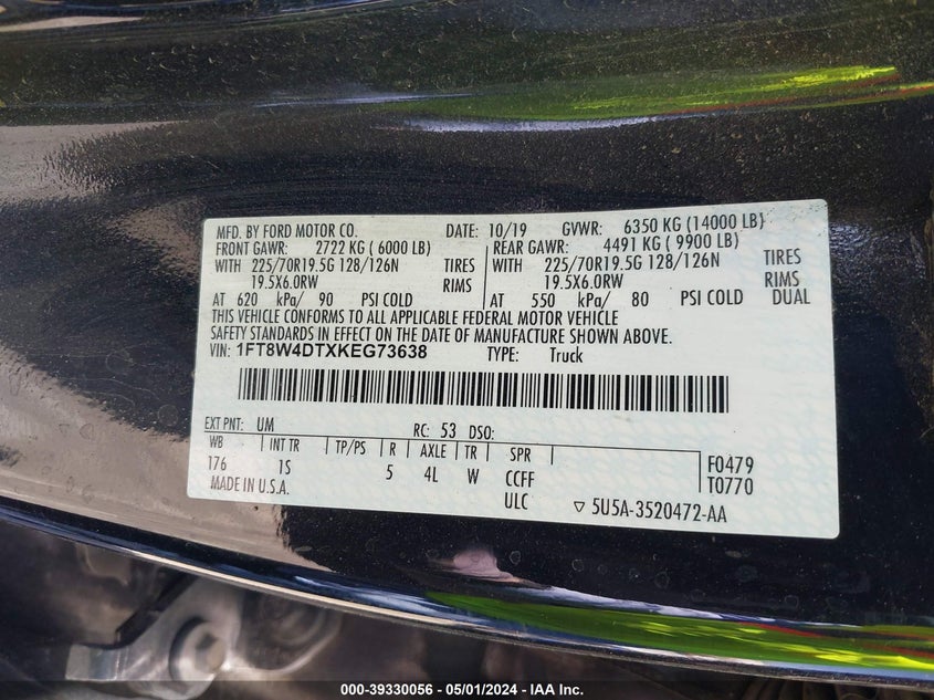 2019 Ford F-450 Xl VIN: 1FT8W4DTXKEG73638 Lot: 39330056