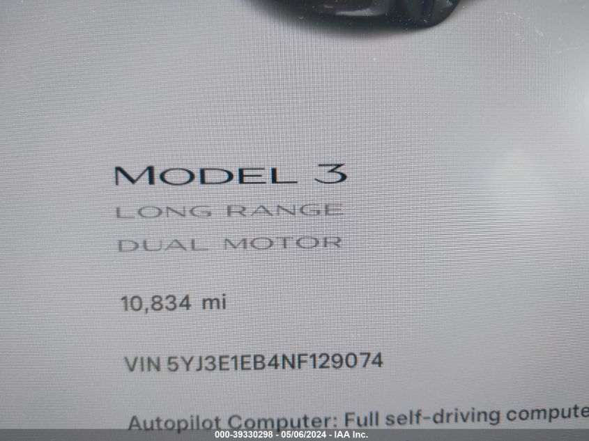 2022 Tesla Model 3 Long Range Dual Motor All-Wheel Drive VIN: 5YJ3E1EB4NF129074 Lot: 39330298