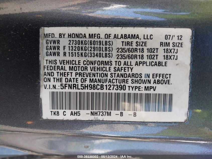 2012 Honda Odyssey Touring/Touring Elite VIN: 5FNRL5H98CB127390 Lot: 39330302