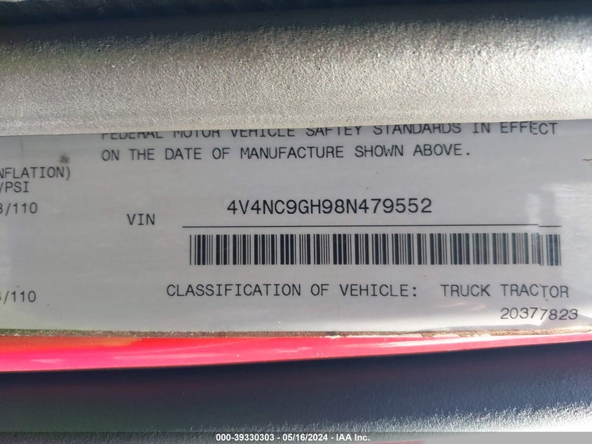 2008 Volvo Vn Vnl VIN: 4V4NC9GH98N479552 Lot: 39330303