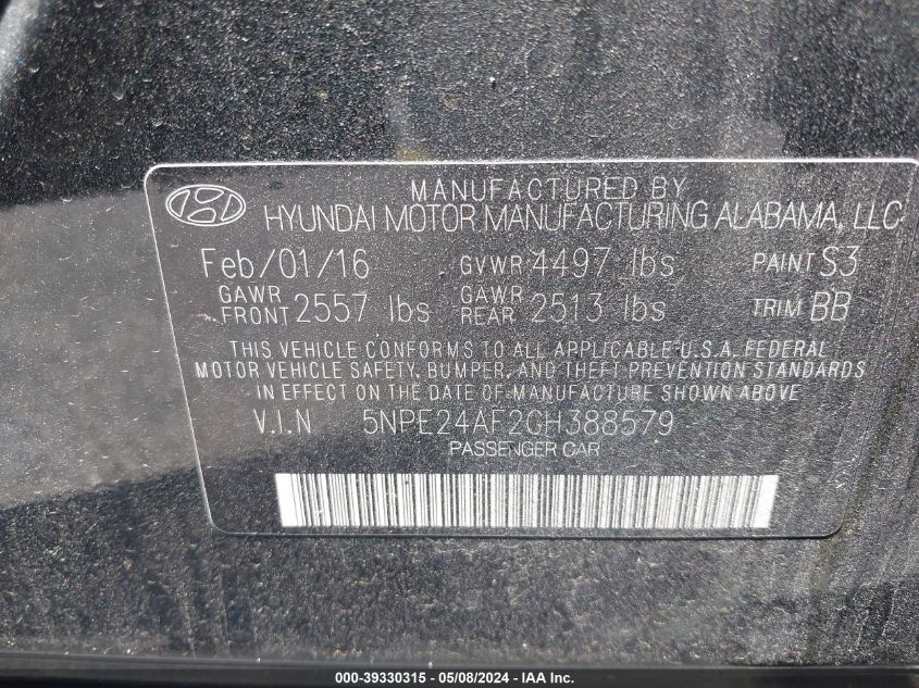 2016 HYUNDAI SONATA SE - 5NPE24AF2GH388579