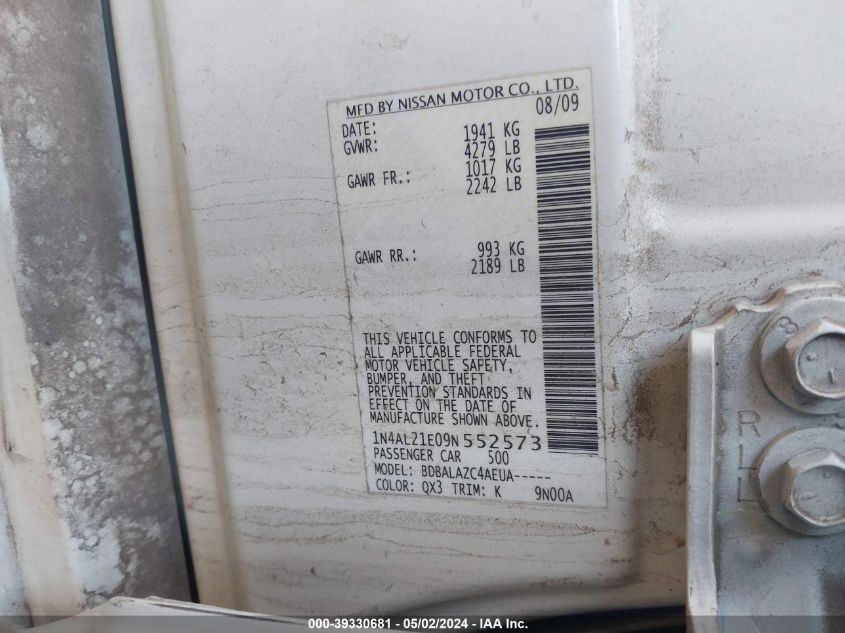 2009 Nissan Altima 2.5 VIN: 1N4AL21E09N552573 Lot: 39330681