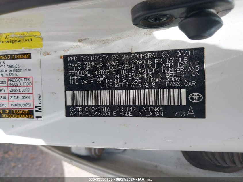 2011 Toyota Corolla Le VIN: JTDBU4EE4B9157618 Lot: 39330739