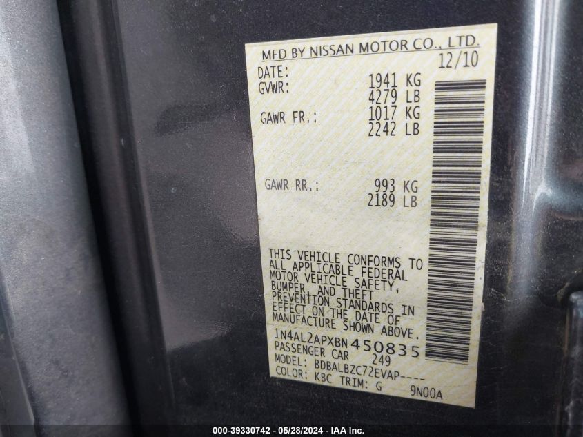 2011 Nissan Altima 2.5 S VIN: 1N4AL2APXBN450835 Lot: 39330742
