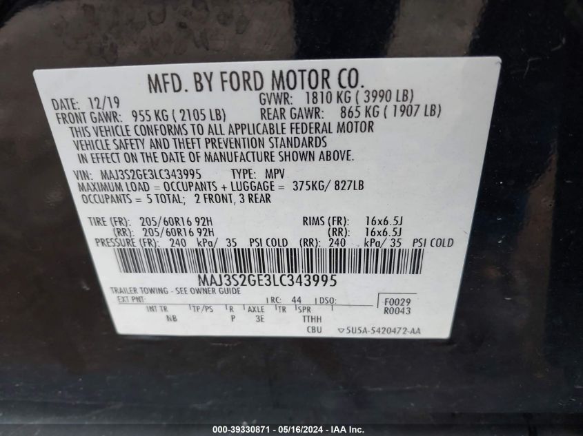 2020 Ford Ecosport Se VIN: MAJ3S2GE3LC343995 Lot: 39330871