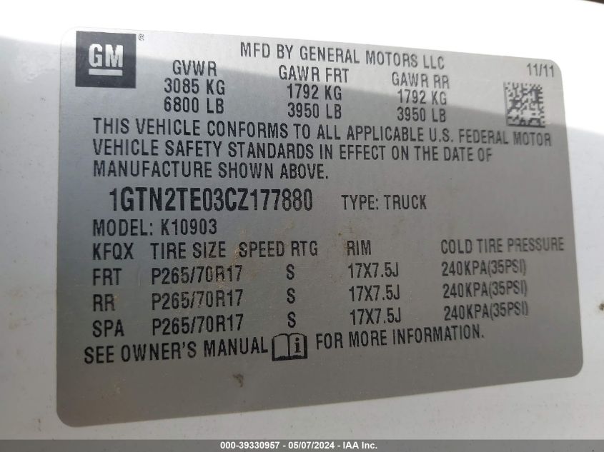 2012 GMC Sierra 1500 Work Truck VIN: 1GTN2TE03CZ177880 Lot: 39330957