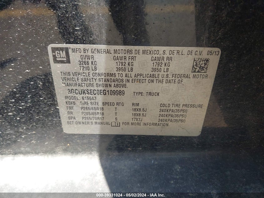 2014 CHEVROLET SILVERADO 1500 2LZ - 3GCUKSEC0EG109989