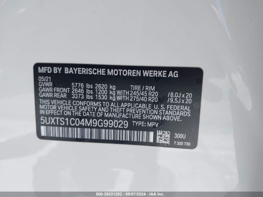 2021 BMW X3 Phev xDrive30E VIN: 5UXTS1C04M9G99029 Lot: 39331252