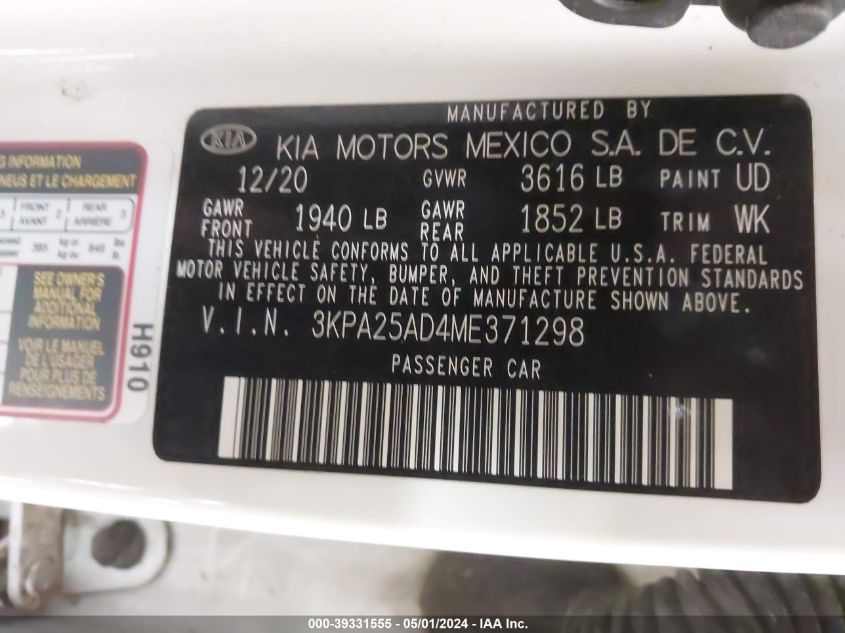 2021 Kia Rio 5-Door S VIN: 3KPA25AD4ME371298 Lot: 39331555