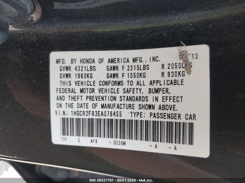 1HGCR2F83EA076455 | 2014 HONDA ACCORD