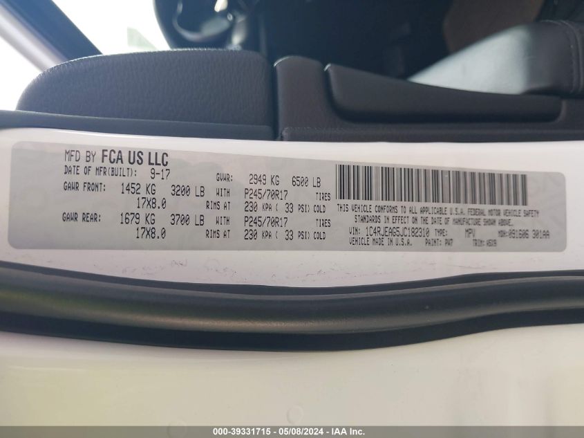 2018 Jeep Grand Cherokee Laredo E 4X2 VIN: 1C4RJEAG5JC182310 Lot: 39331715