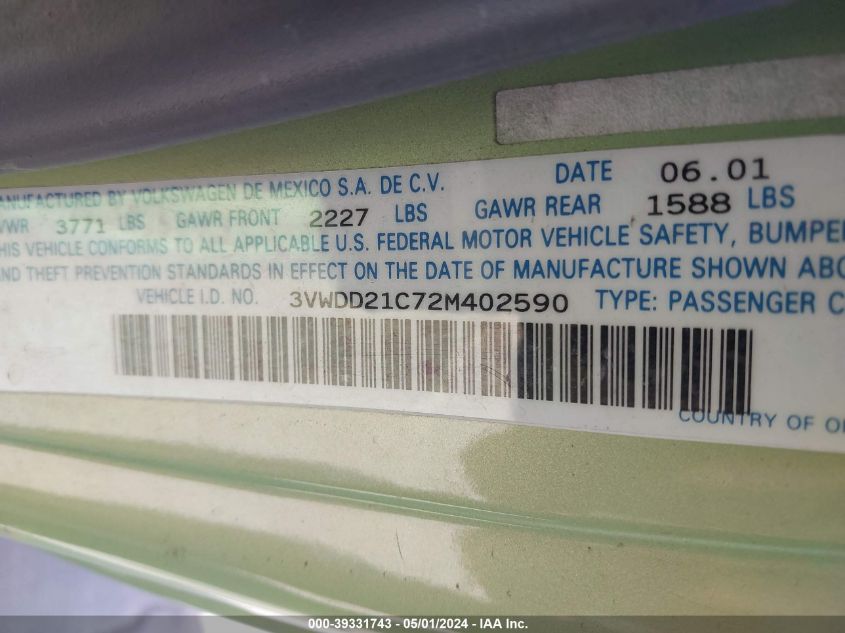 2002 Volkswagen New Beetle Glx VIN: 3VWDD21C72M402590 Lot: 39331743