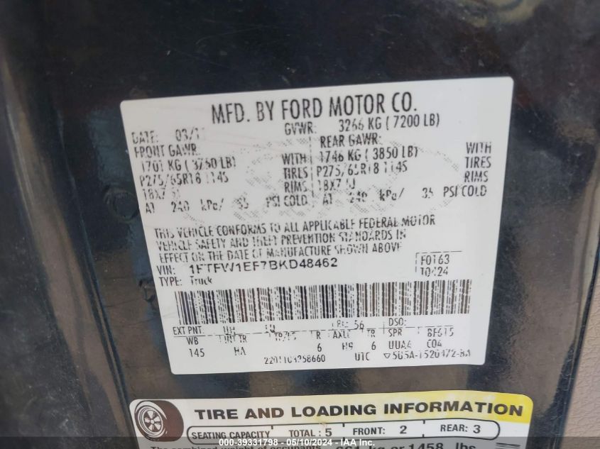 2011 Ford F-150 Lariat VIN: 1FTFW1EF7BKD48462 Lot: 39331798