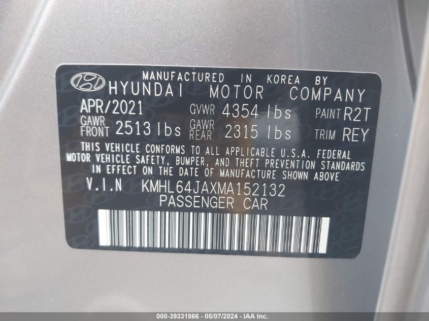 2021 Hyundai Sonata Sel VIN: KMHL64JAXMA152132 Lot: 39331866