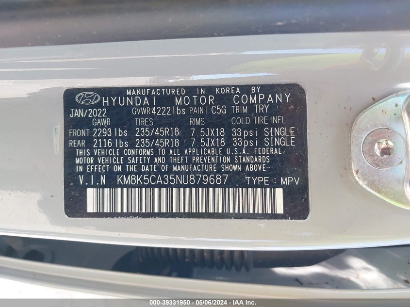 2022 HYUNDAI KONA LIMITED - KM8K5CA35NU879687