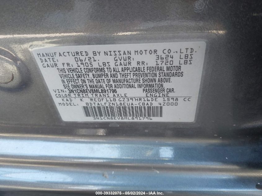 3N1CN8EV8ML891796 | 2021 NISSAN VERSA