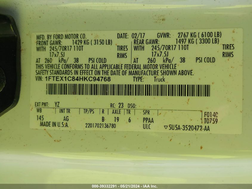 2017 Ford F-150 Xl VIN: 1FTEX1C84HKC94768 Lot: 39332291