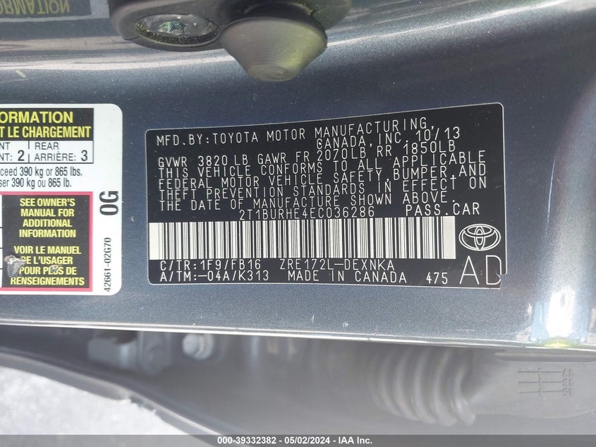 2014 TOYOTA COROLLA L/LE/LE PLS/PRM/S/S PLS - 2T1BURHE4EC036286