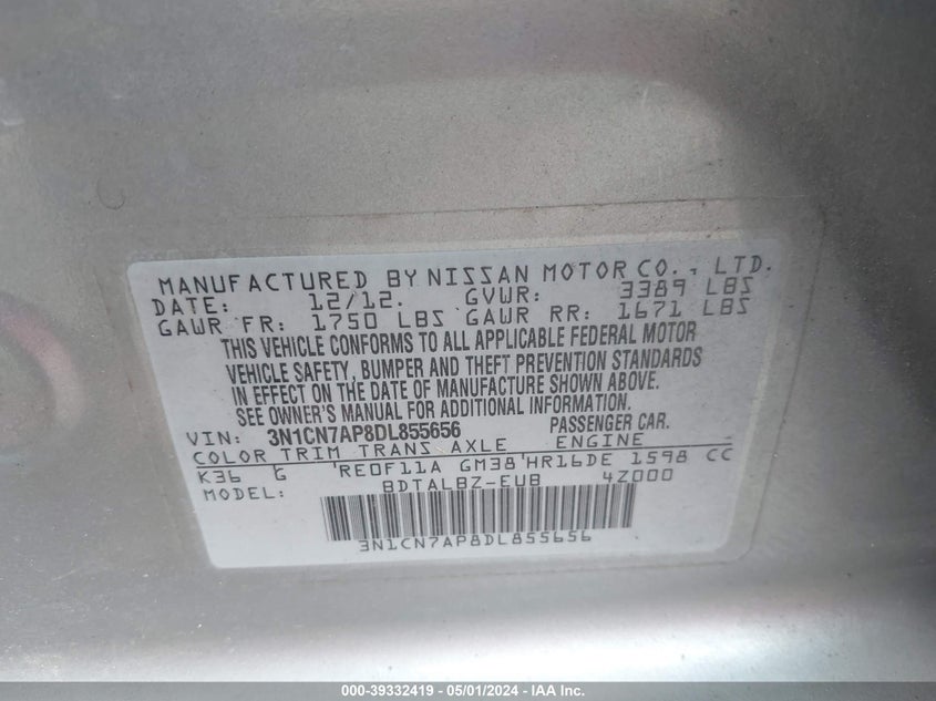 2013 NISSAN VERSA 1.6 SV - 3N1CN7AP8DL855656