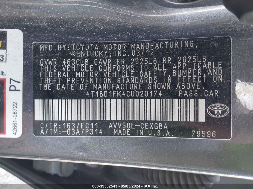 4T1BD1FK4CU020174 | 2012 TOYOTA CAMRY HYBRID