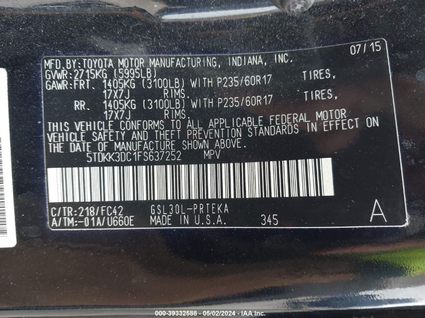 5TDKK3DC1FS637252 2015 Toyota Sienna Le 8 Passenger