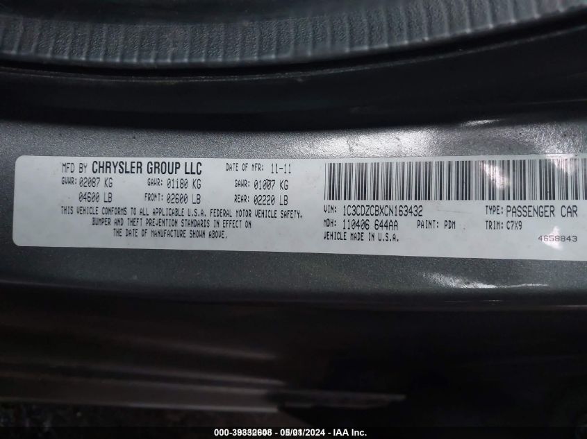2012 DODGE AVENGER VIN: 1C3CDZCBXCN163432